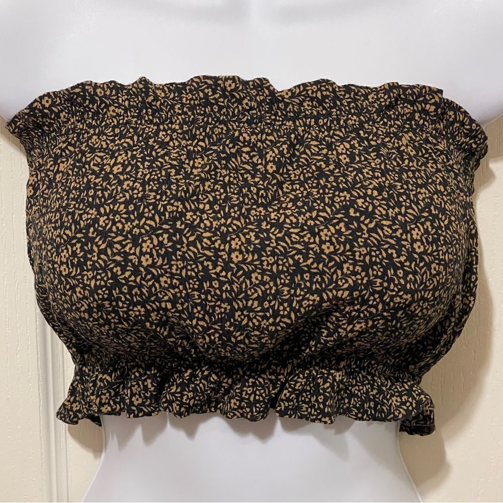 American Eagle Cropped Strapless Elastic Floral Top Black Tan Size Small